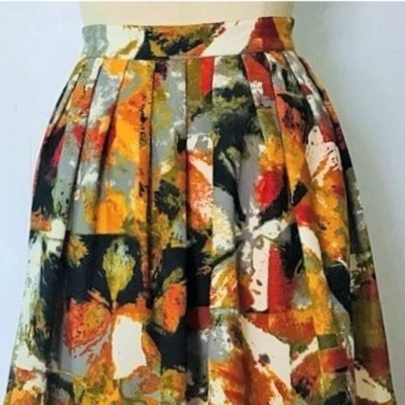 CHELSEA & THEODORE RUST MUSTARD GREEN ABSTRACT WATERCOLOR FULL SKIRT 12 NWOT - Picture 6 of 9